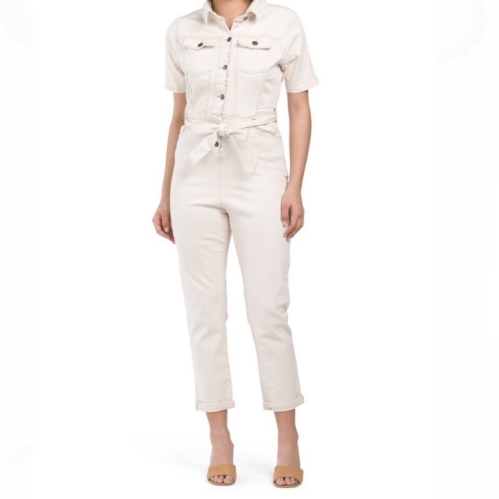 AVEC LES FILLES Tie-Waist Stretch Denim short sleeve Jumpsuit Anthropologie  🔥
